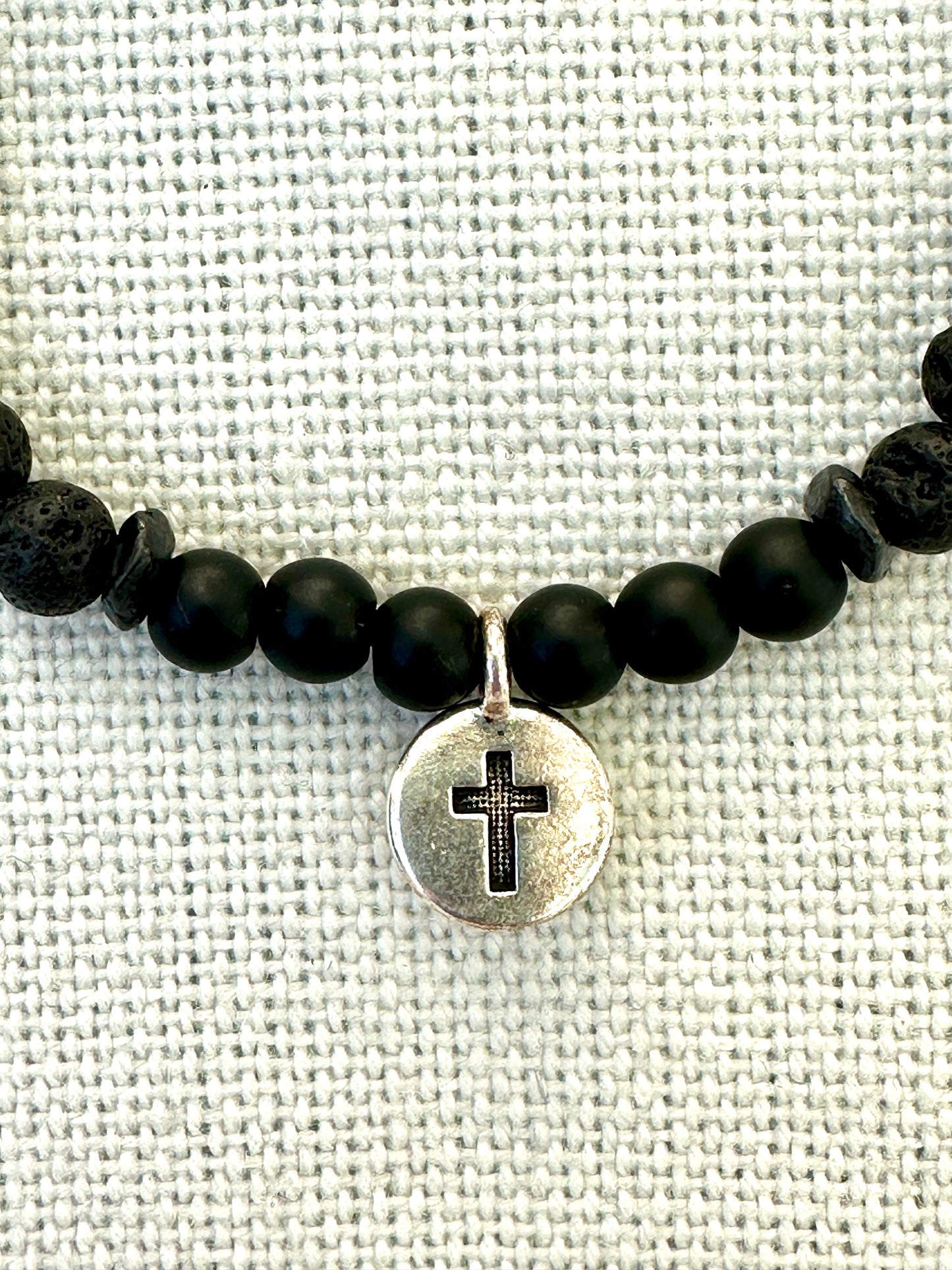Black Glass and Lava Rock beaded Bracelet with Silver Toned Cross Charm