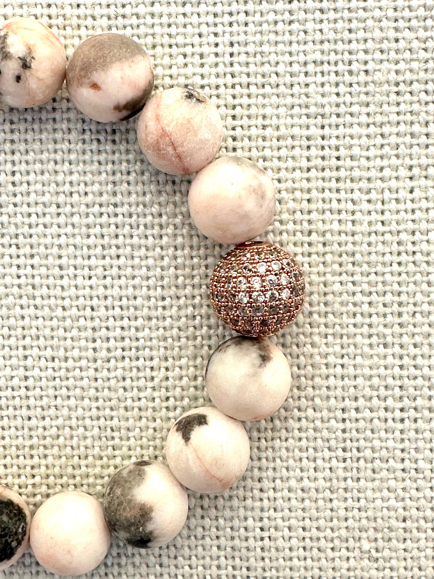 Lovely Pink and Gray Variegated Amazonite Bracelet with Rose Bead Charm