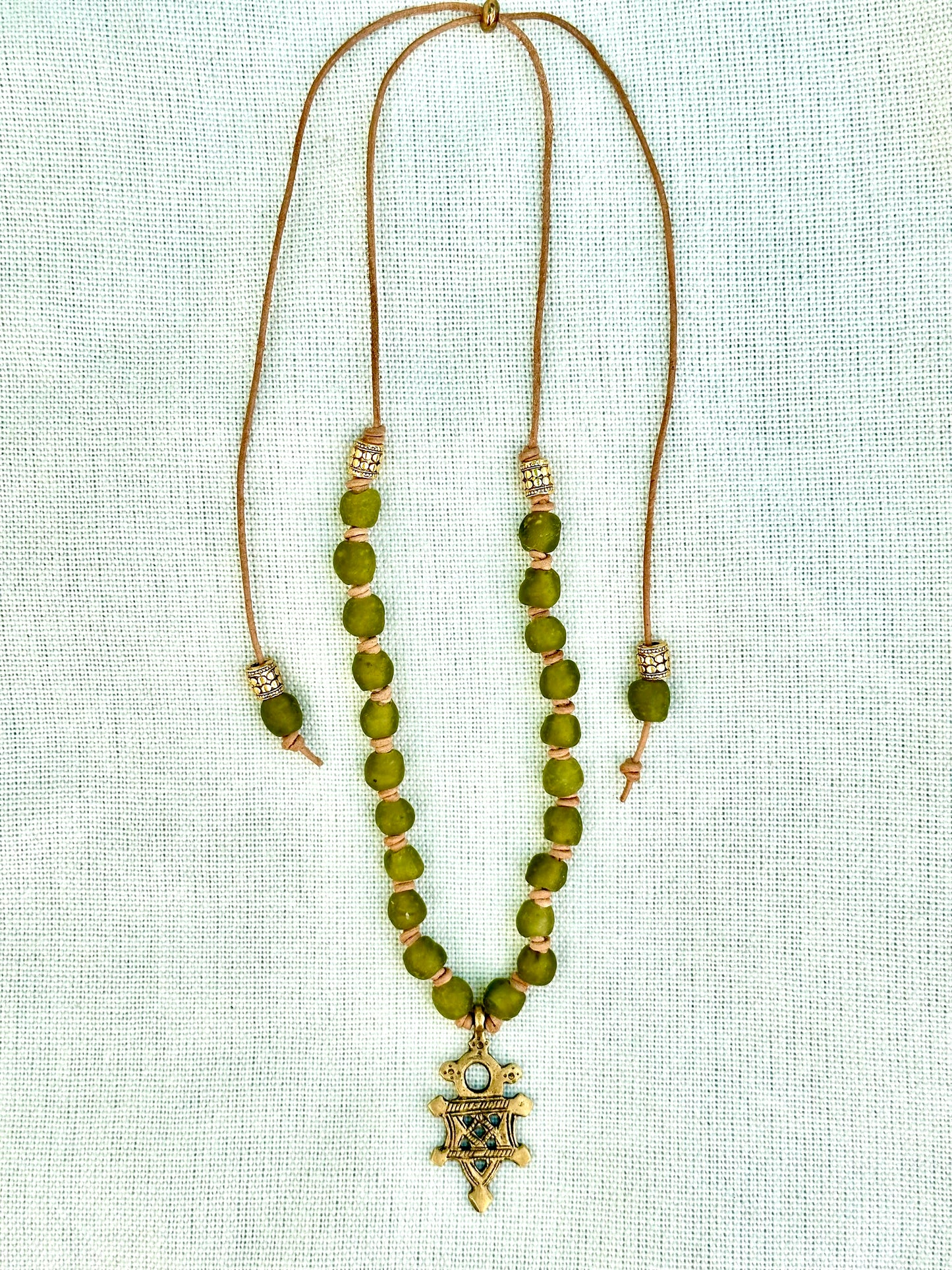 Olive Green Glass Beaded Necklace with Bronze Tuareg Cross Pendant