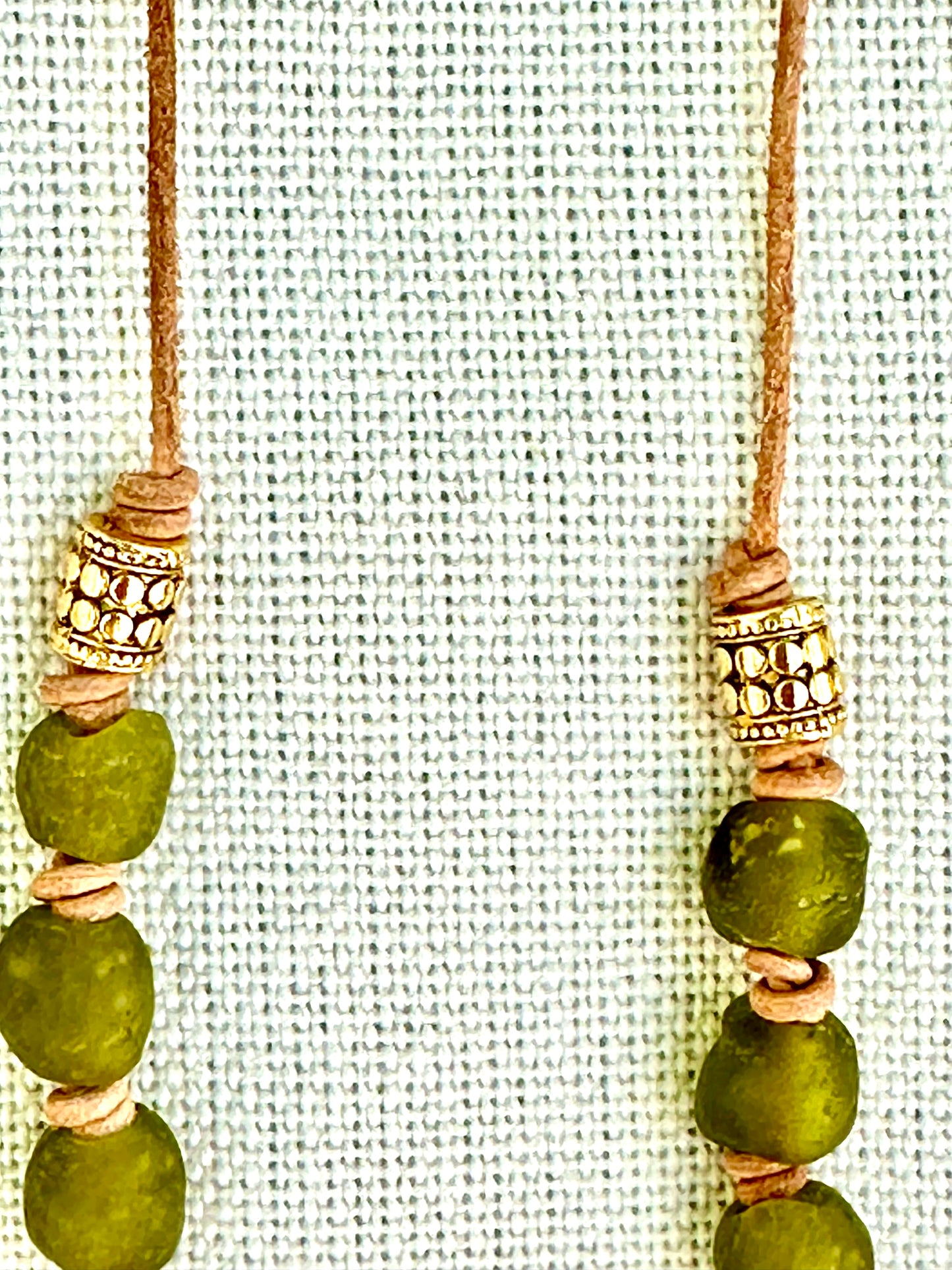 Olive Green Glass Beaded Necklace with Bronze Tuareg Cross Pendant