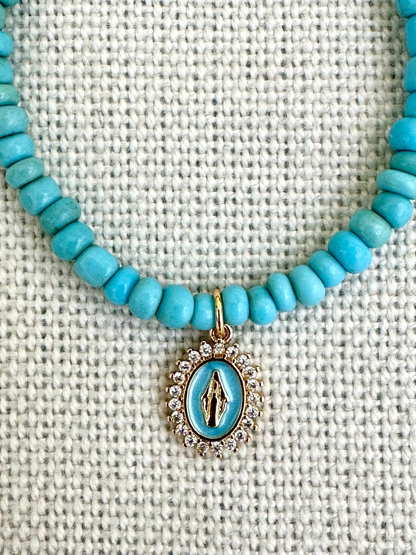 Vintage Turquoise Blue Glass Beaded Bracelet with Blue Virgin Mary Charm
