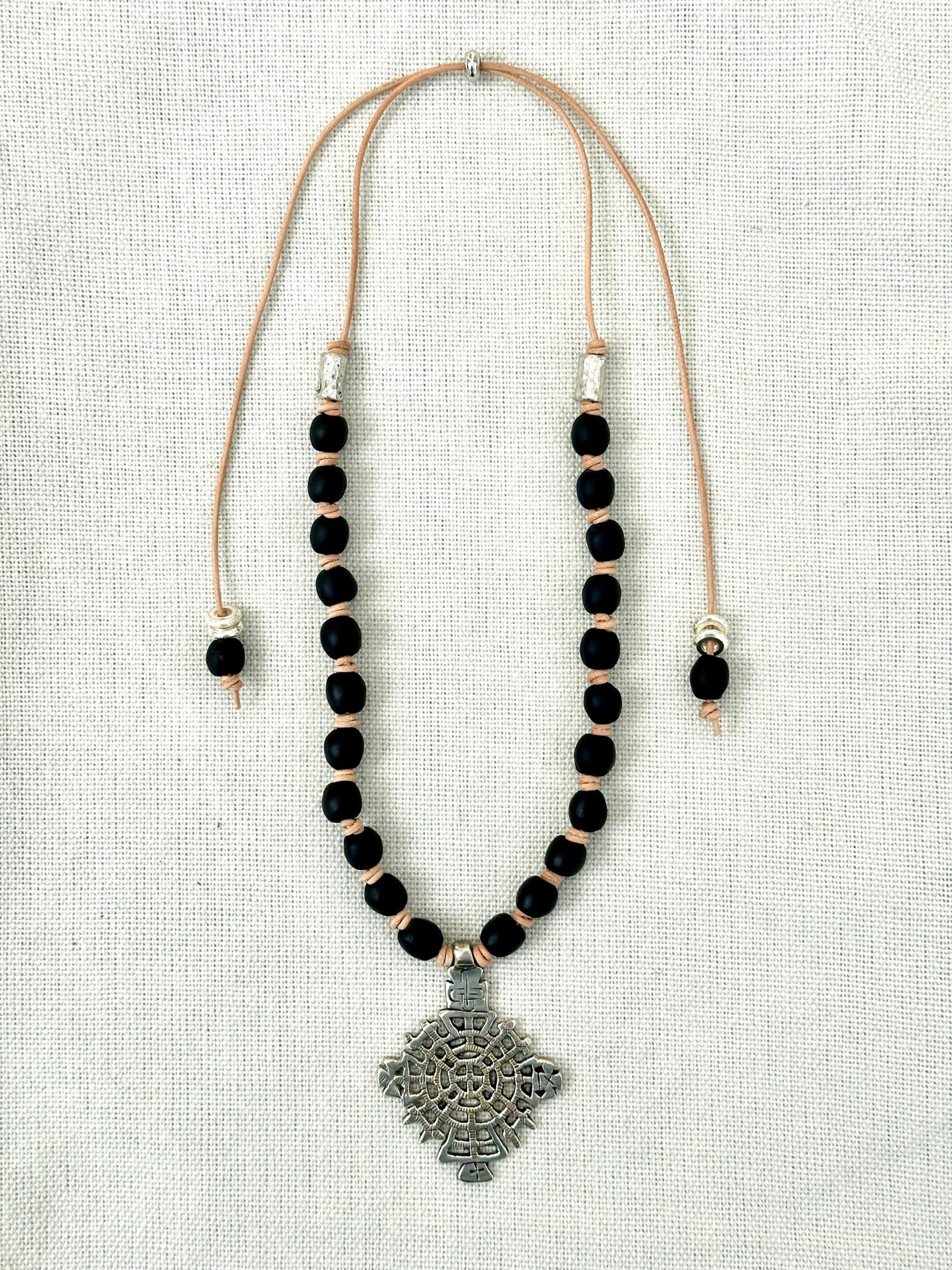 Opaque Black Glass Beaded Necklace with Ethiopian Silver Cross Pendant