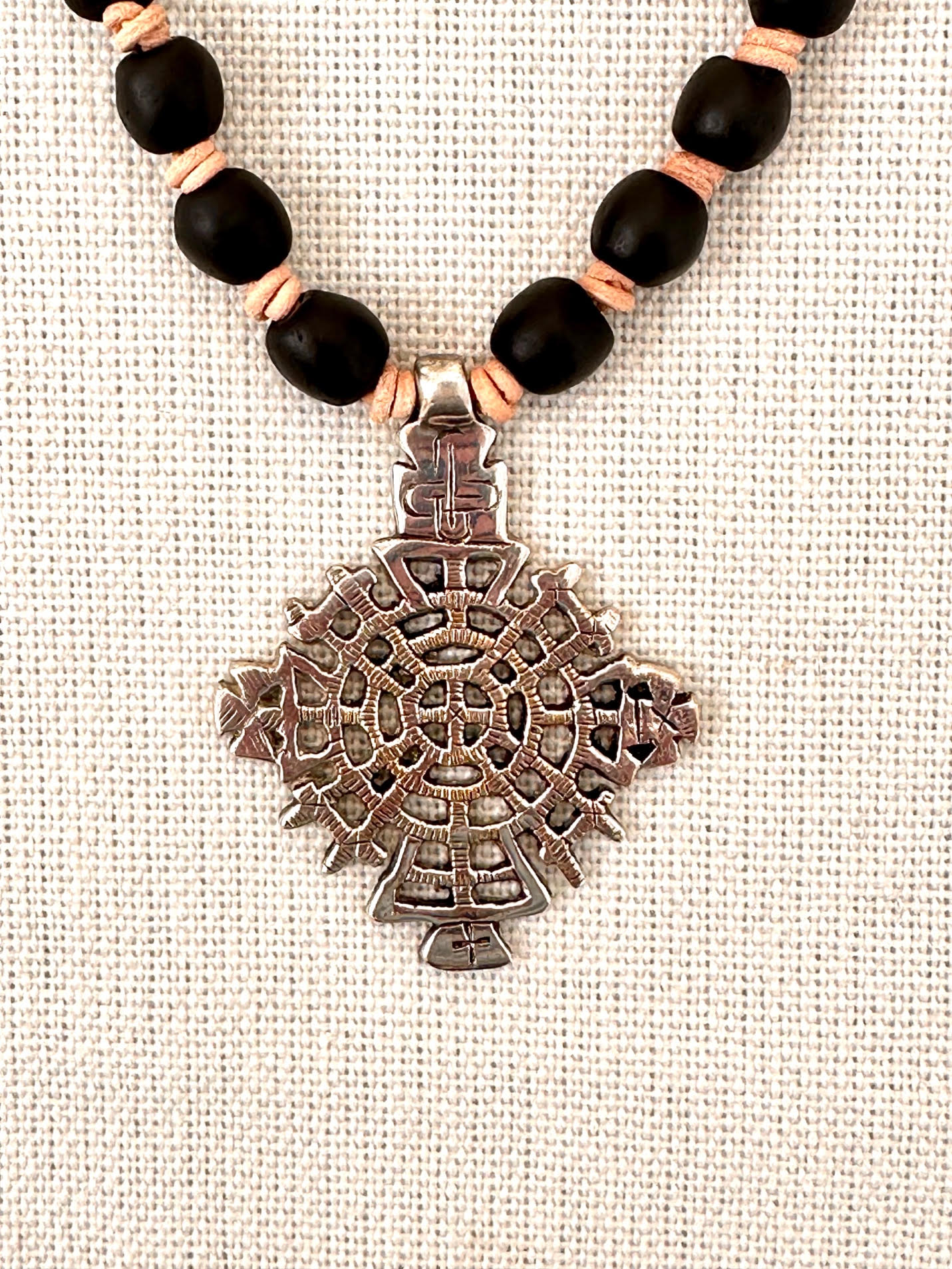 Opaque Black Glass Beaded Necklace with Ethiopian Silver Cross Pendant