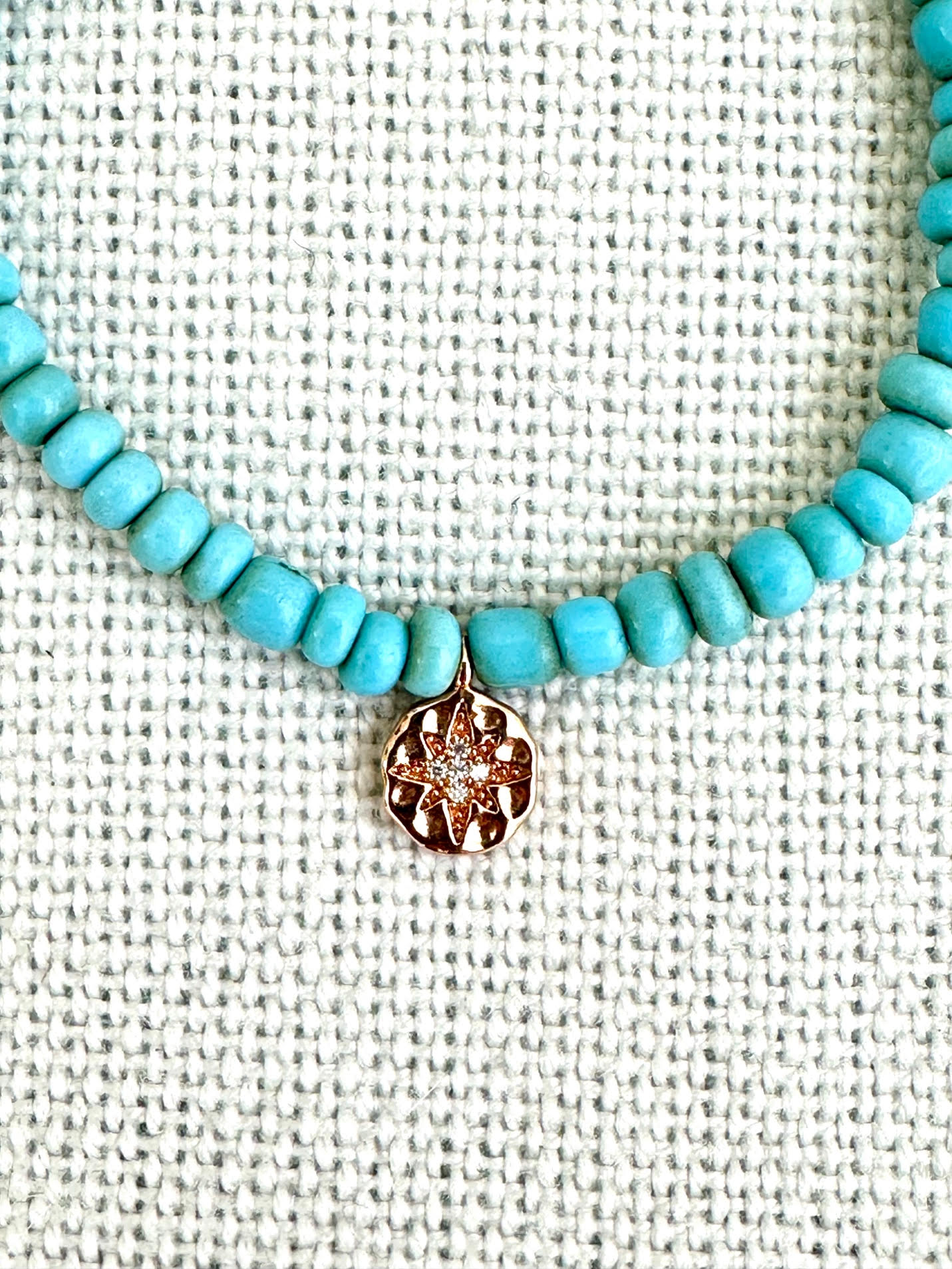 Vintage Turquoise Blue Glass Beaded Bracelet with Rose Gold-Plated Star Charm